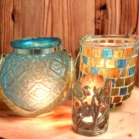 Blue Moroccan Globe Vase Teal Candle Holder w/Rope Handle Turquoise Vessel - Picture 3 of 4